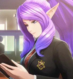 A Girl With Purple Hair And Ears Is Wearing A School Uniform And Reading A Book
