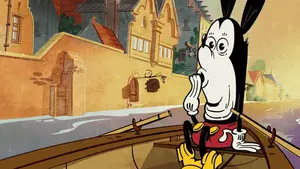 A Cartoon Of Mickey Mouse Sitting In A Boat With Buildings In The Background