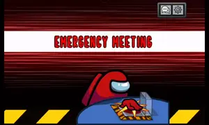 A Red Among Us Character Sits At A Table In Front Of A Sign That Says " Emergency Meeting "