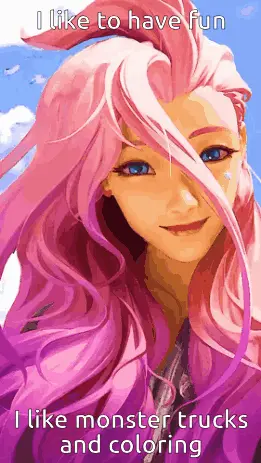 A Picture Of A Girl With Pink Hair That Says I Like To Have Fun And I Like Monster Trucks And Coloring