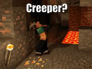 A Creeper Is Standing In A Cave In A Minecraft Video Game
