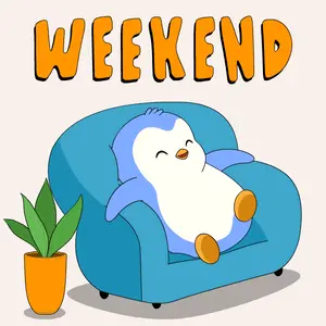 A Penguin Is Laying On A Blue Couch With The Words Weekend Written Above It