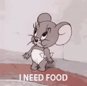 A Cartoon Mouse In A Diaper Is Standing Next To A Wall And Says `` I Need Food '' .