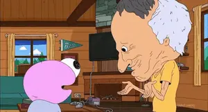 A Cartoon Of A Man And A Pink Monster With A Banner That Says ' Bass ' On It