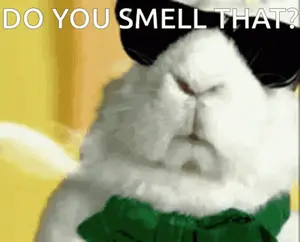 A White Rabbit Wearing Sunglasses And A Green Bow Tie With The Words Do You Smell That Below It