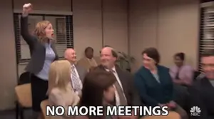 A Group Of People Are Sitting In A Room With The Words No More Meetings Written On The Bottom